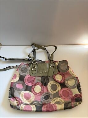 Coach Pink, Gray & Cream Signature Circle Tote